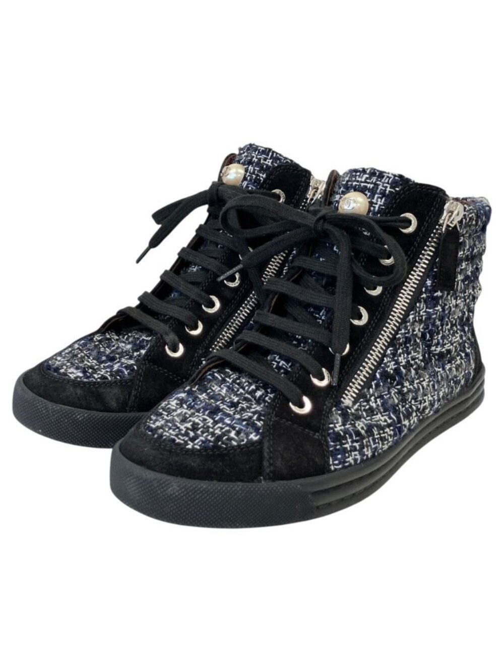 Chanel Faux Pearl CC Logo Tweed Sneakers Navy Gray Spring Summer Fall